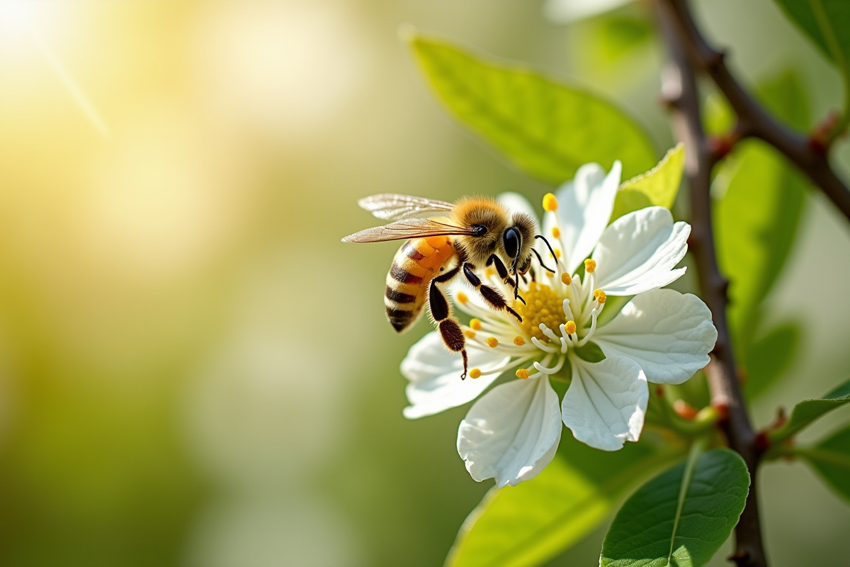 Abeille butinant fleurs de robinier en fleurs au printemps