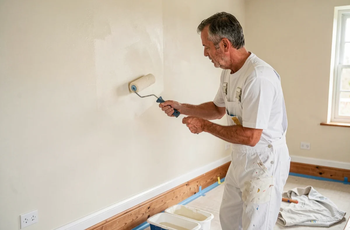 Peintre de Ae Garnier appliquant une peinture blanche sur les murs intérieurs d'une maison à Céaux-d'Allègre