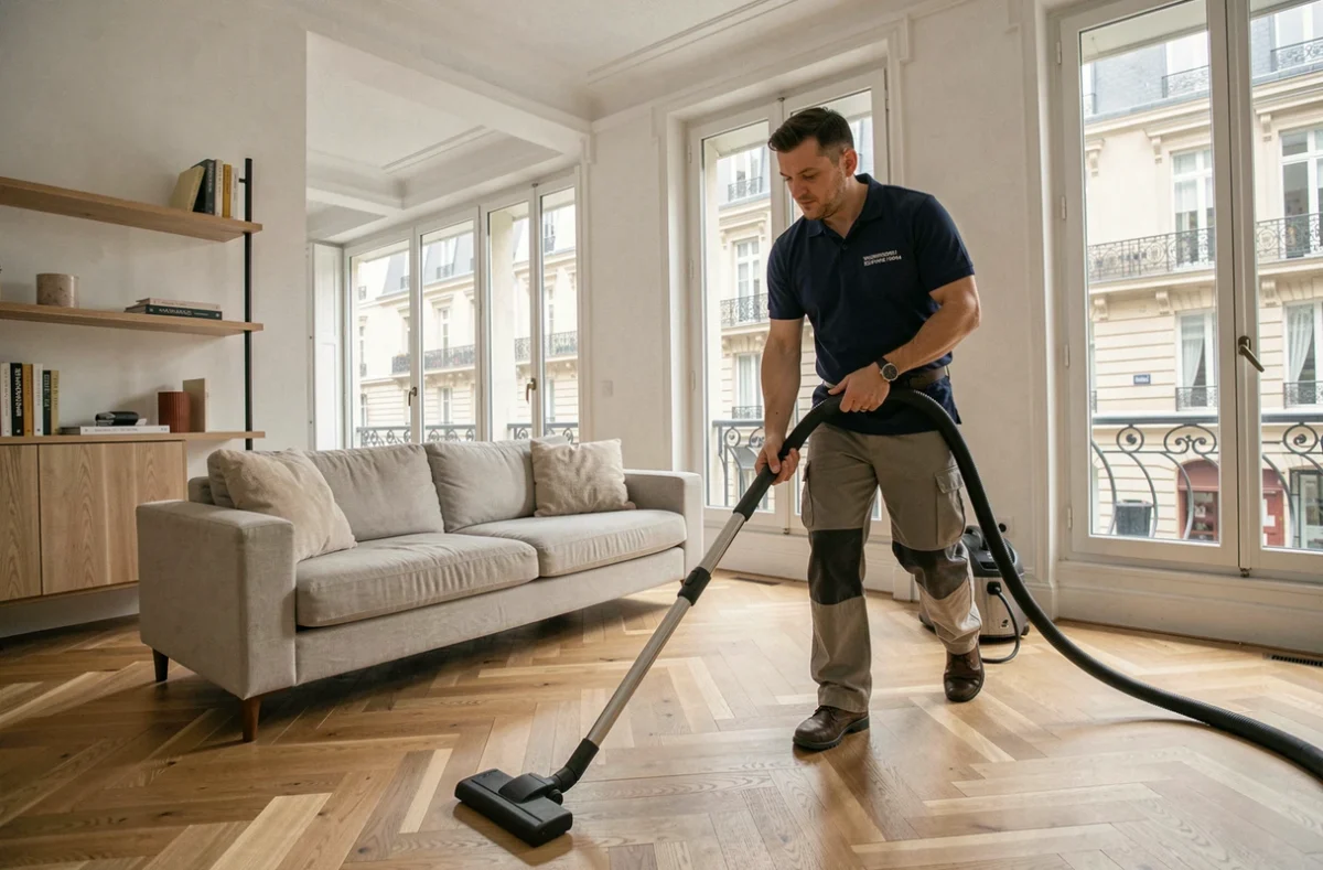 Agent de nettoyage passant l'aspirateur dans un salon contemporain d'un appartement à Levallois-Perret