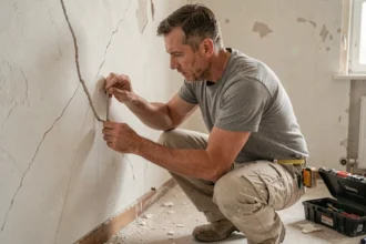Artisan posant des agrafes de surveillance sur une fissure diagonale dans un mur en plâtre lors d'une rénovation intérieure