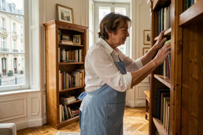 Aide ménagère professionnelle en tablier bleu dépoussiérant une bibliothèque en bois dans un salon rémois avec moulures haussmanniennes