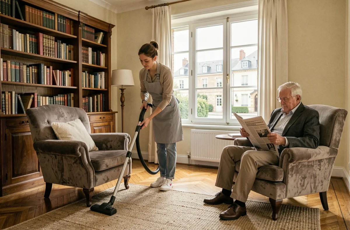 Femme de ménage passant l'aspirateur dans un salon pendant qu'un senior se repose dans son fauteuil