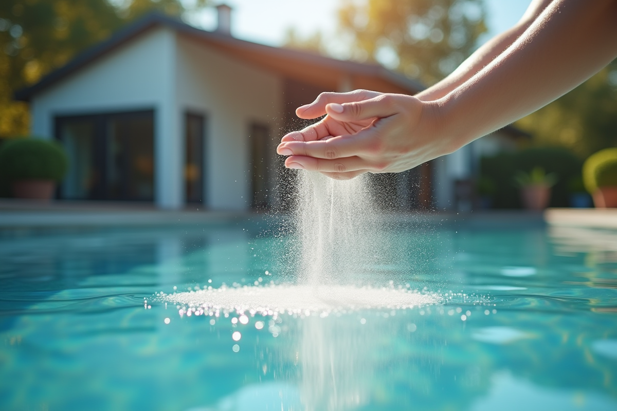 Mains versant une poudre naturelle dans une piscine scintillante