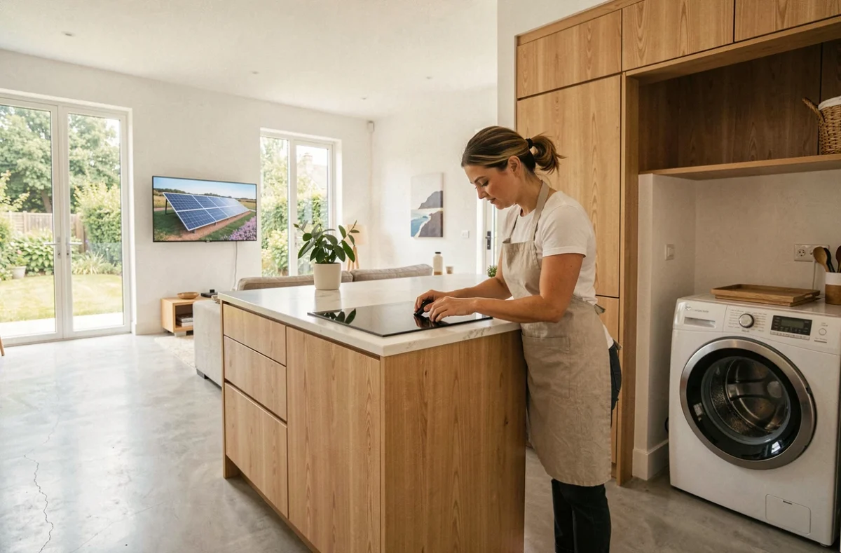 Cuisine et salon modernes alimentés par un panneau solaire 3000W avec appareils électroménagers en fonctionnement