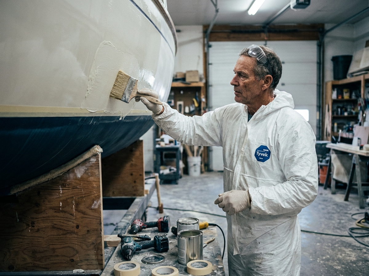 Artisan appliquant du gel-coat sur une coque en fibre de verre avec un pinceau large dans un atelier de réparation nautique
