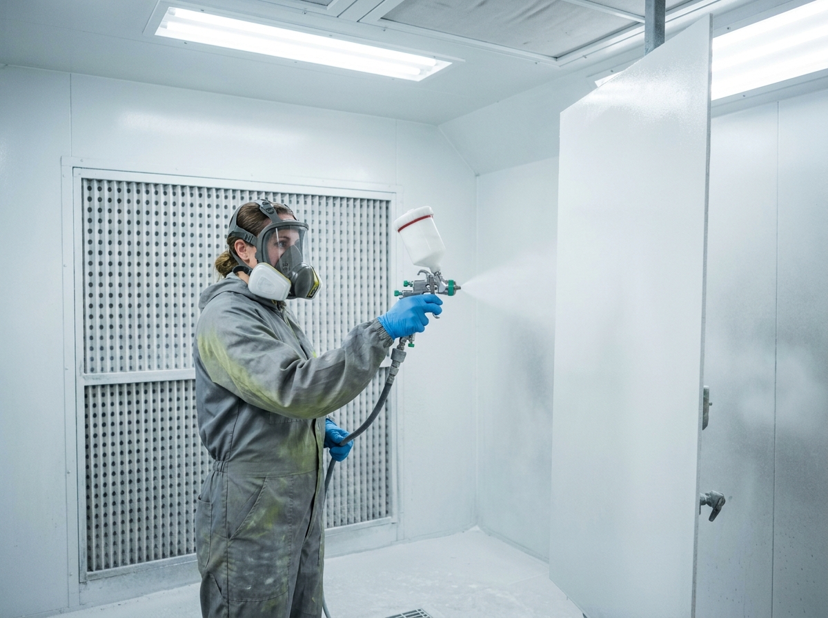 Technicienne utilisant un pistolet HVLP pour pulvériser du gel-coat dans une cabine de peinture industrielle