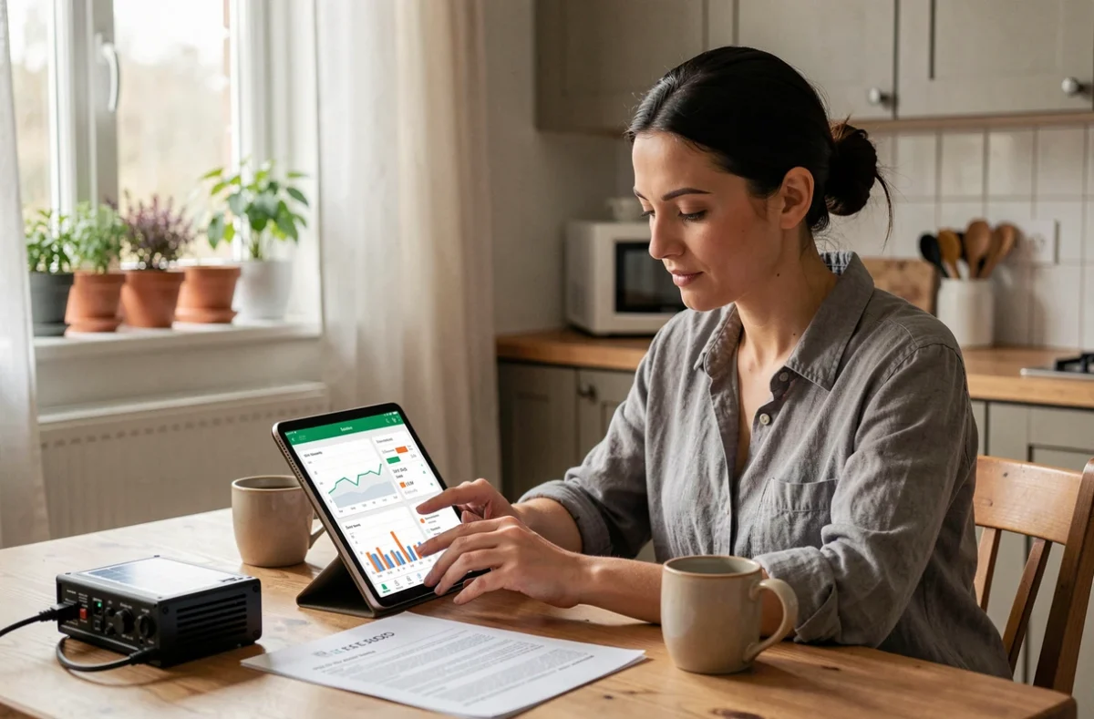 Femme consultant une application de monitoring solaire sur tablette pour vérifier la production de ses panneaux photovoltaïques
