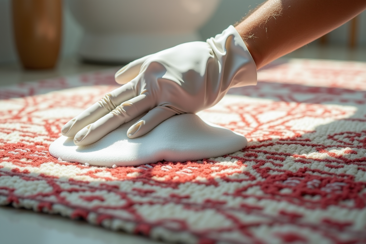 Mains appliquant mousse de shampooing sur tapis berbere détaillé