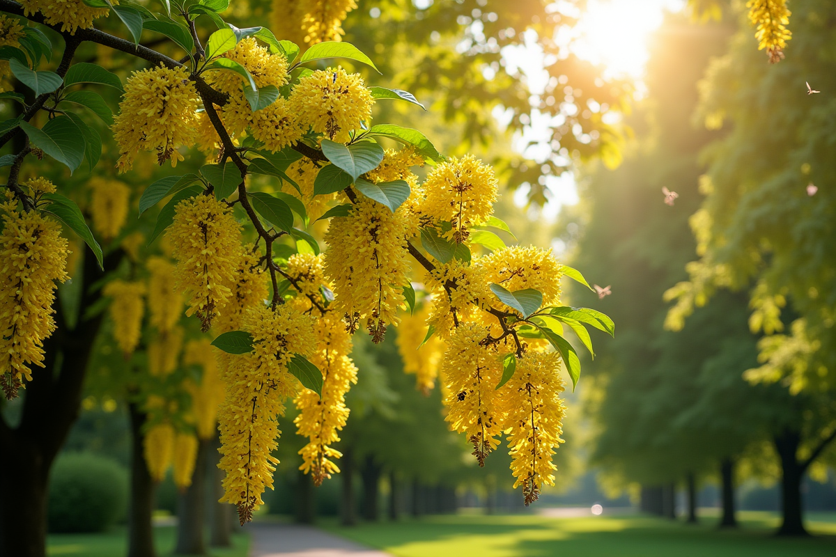 Arbre de tilleul en été avec abeilles sur fleurs jaunes