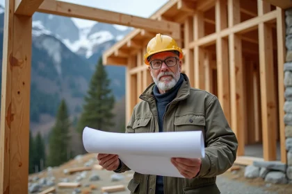 Architecte examinant des plans sur un chantier de construction de chalet en montagne avec charpente en bois visible