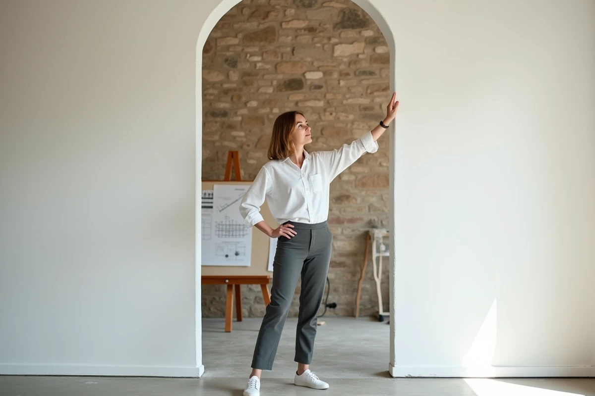 Architecte présentant une cloison demi-stil récemment installée devant un mur extérieur ancien en pierre dans un appartement rénové