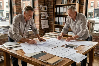 Architecte comparant plusieurs devis de rénovation globale sur une table de travail avec des plans et échantillons de matériaux