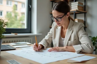 Architecte d'intérieur femme analysant des plans de conception sur un bureau en bois avec des échantillons de matériaux et une tablette numérique