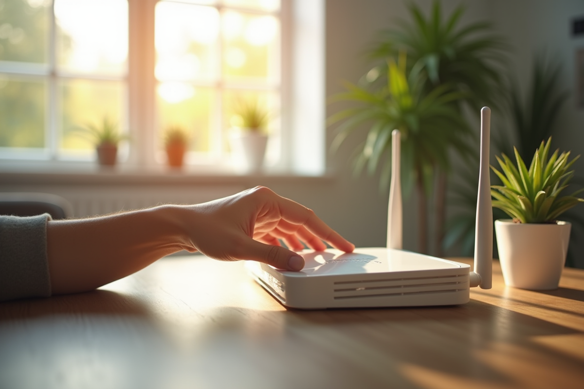 Main éteignant un routeur wifi dans un salon lumineux