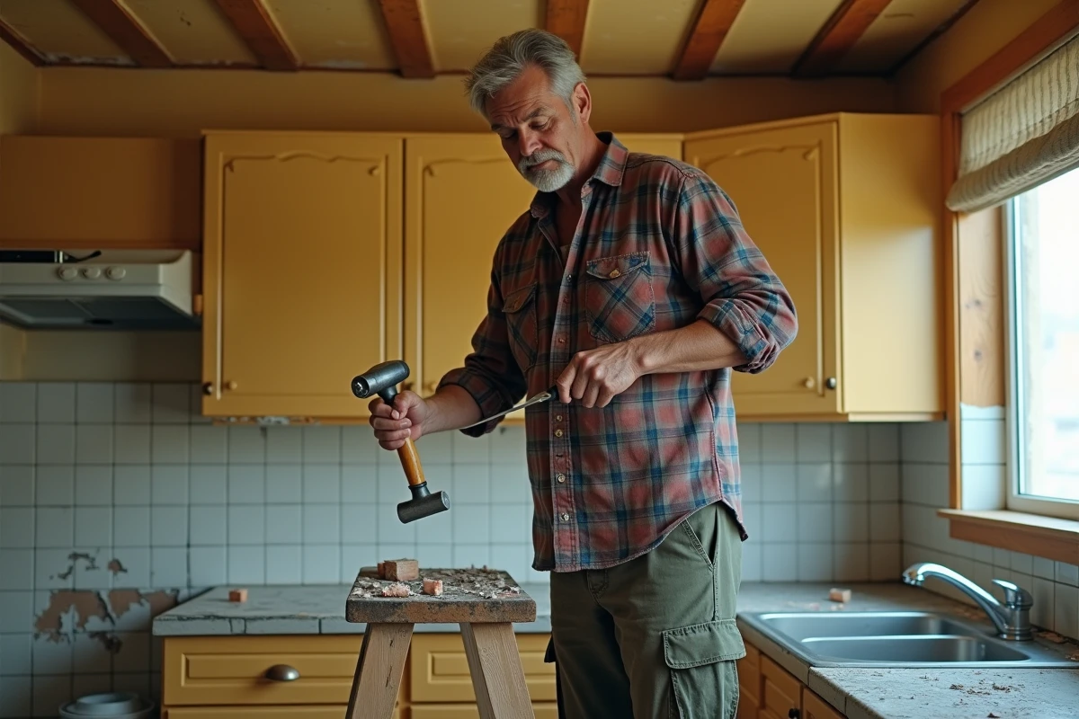 Artisan retirant de vieux carrelage de cuisine au ciseau lors d'un chantier de rénovation bricolage