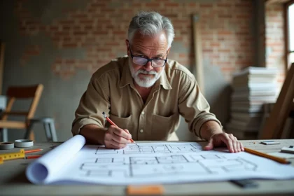Artisan expérimenté examinant des plans de rénovation sur un chantier avec matériaux et outils visibles