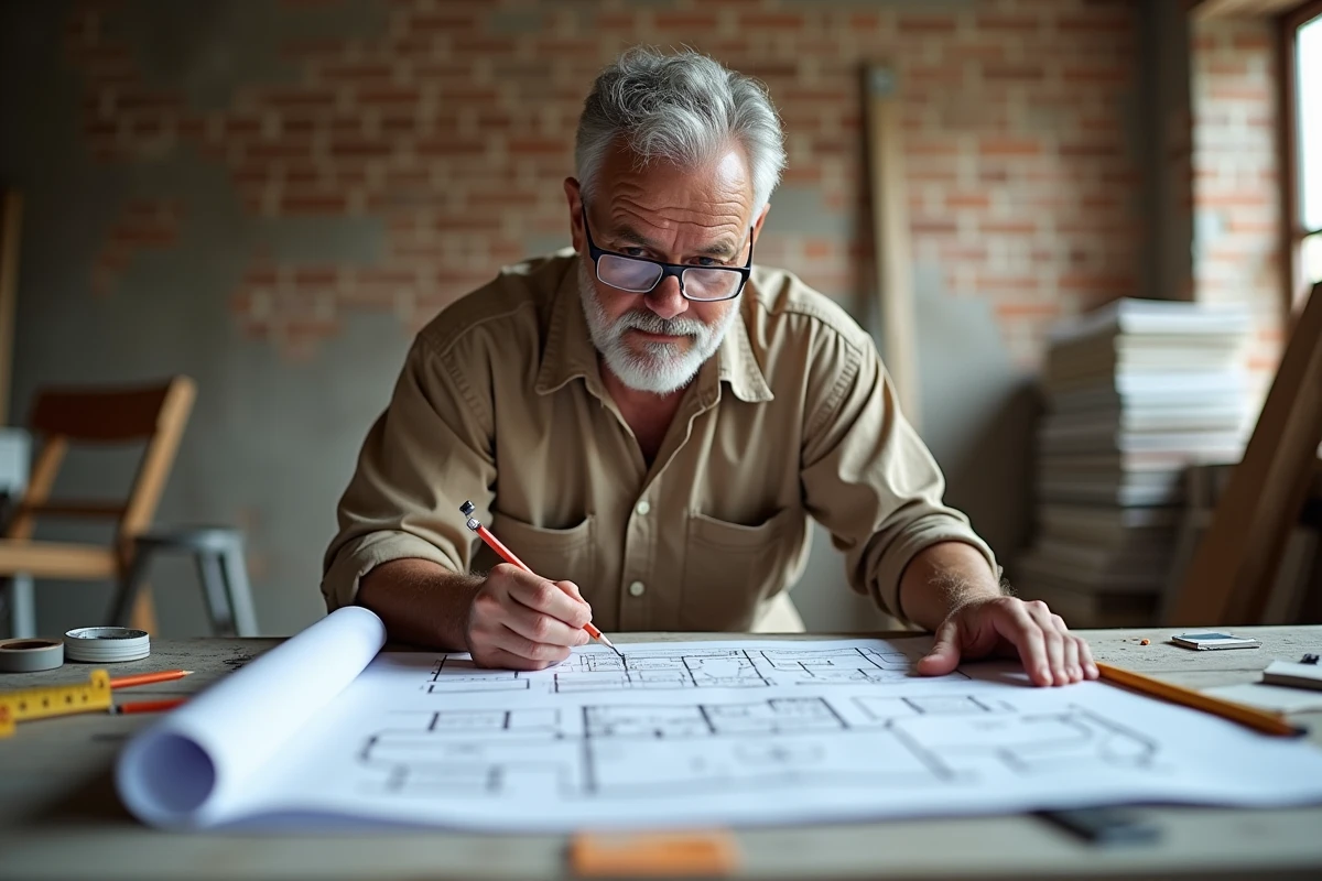 Artisan expérimenté examinant des plans de rénovation sur un chantier avec matériaux et outils visibles