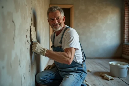 Artisan en salopette appliquant de l'enduit sur un vieux mur en plâtre lors de travaux de rénovation intérieure