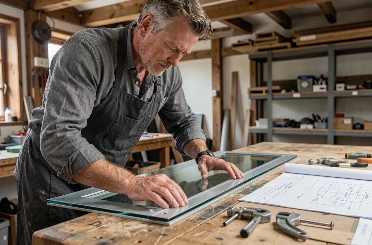 Artisan inspectant les joints d'une trappe en verre structurel dans un atelier de fabrication spécialisé en menuiserie et verrerie