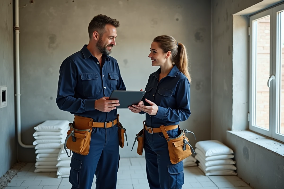 Deux artisans en tenue de travail discutant des délais et du calendrier de rénovation sur un chantier de salle de bain