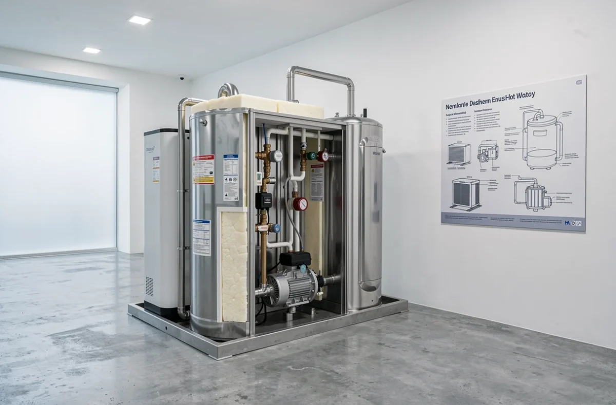 Ballon d'eau chaude sanitaire en acier inoxydable connecté à une pompe à chaleur exposé en showroom technique