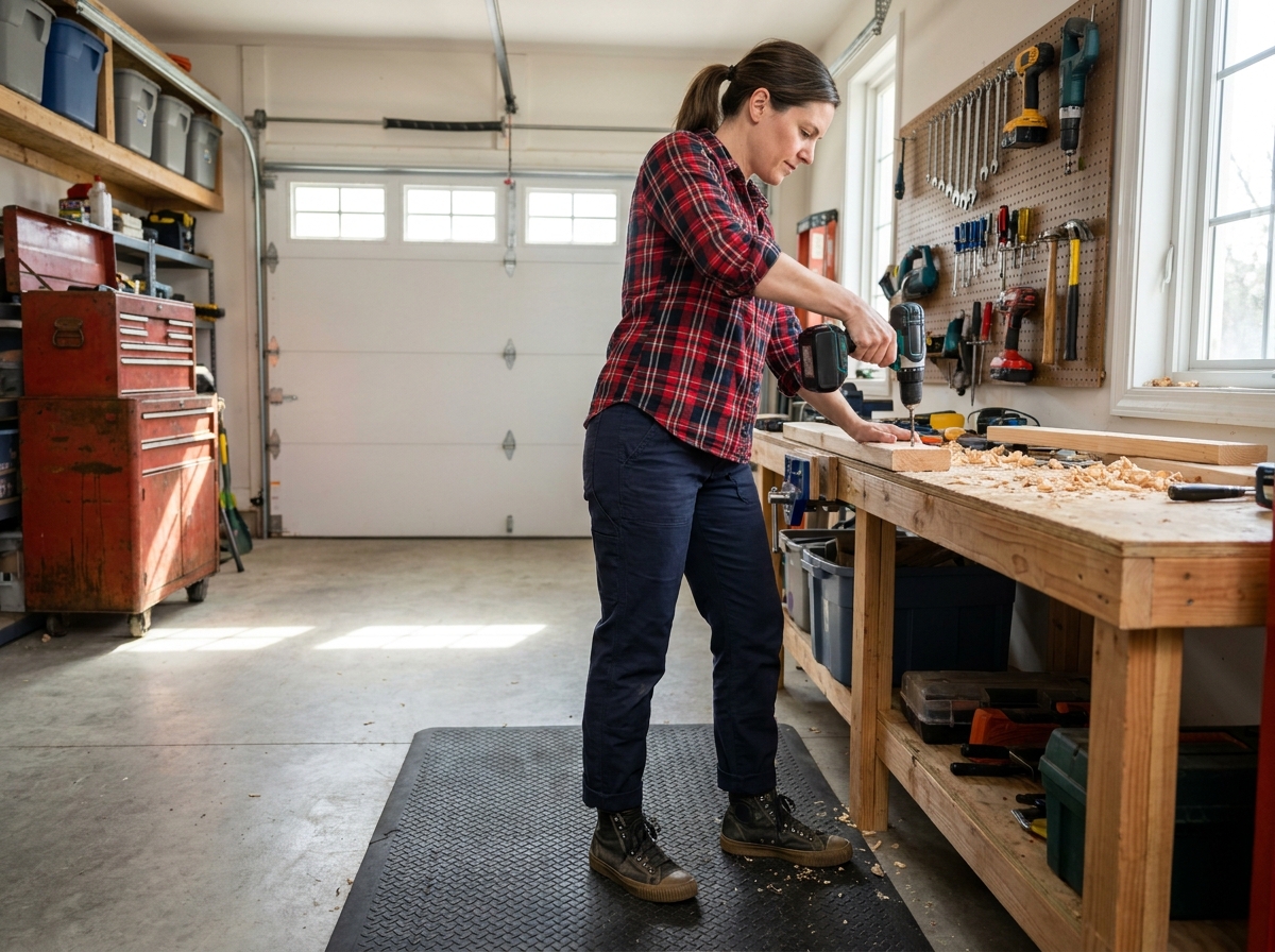 Femme utilisant une perceuse sans fil en baskets montantes renforcées dans un garage aménagé pour le bricolage