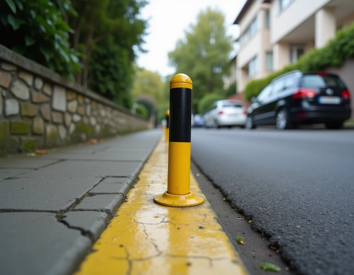 Bornette de protection et marquage jaune au sol devant une entrée de propriété pour empêcher le stationnement sauvage