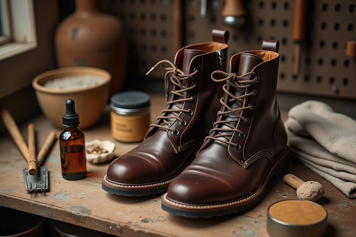 Bottes en cuir moisi posées sur un établi avec des produits naturels comme l'huile essentielle d'arbre à thé et la cire d'abeille