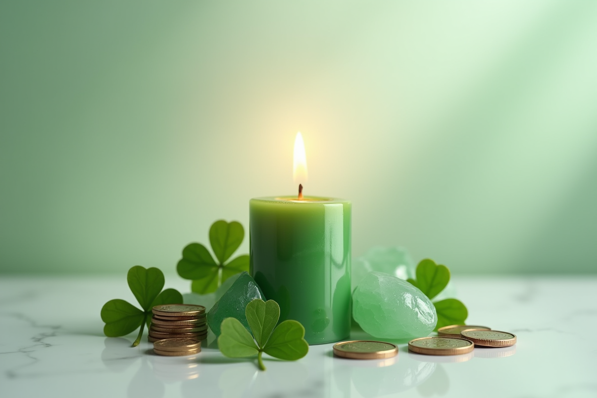 Bougie verte allumée avec éléments naturels et cristaux