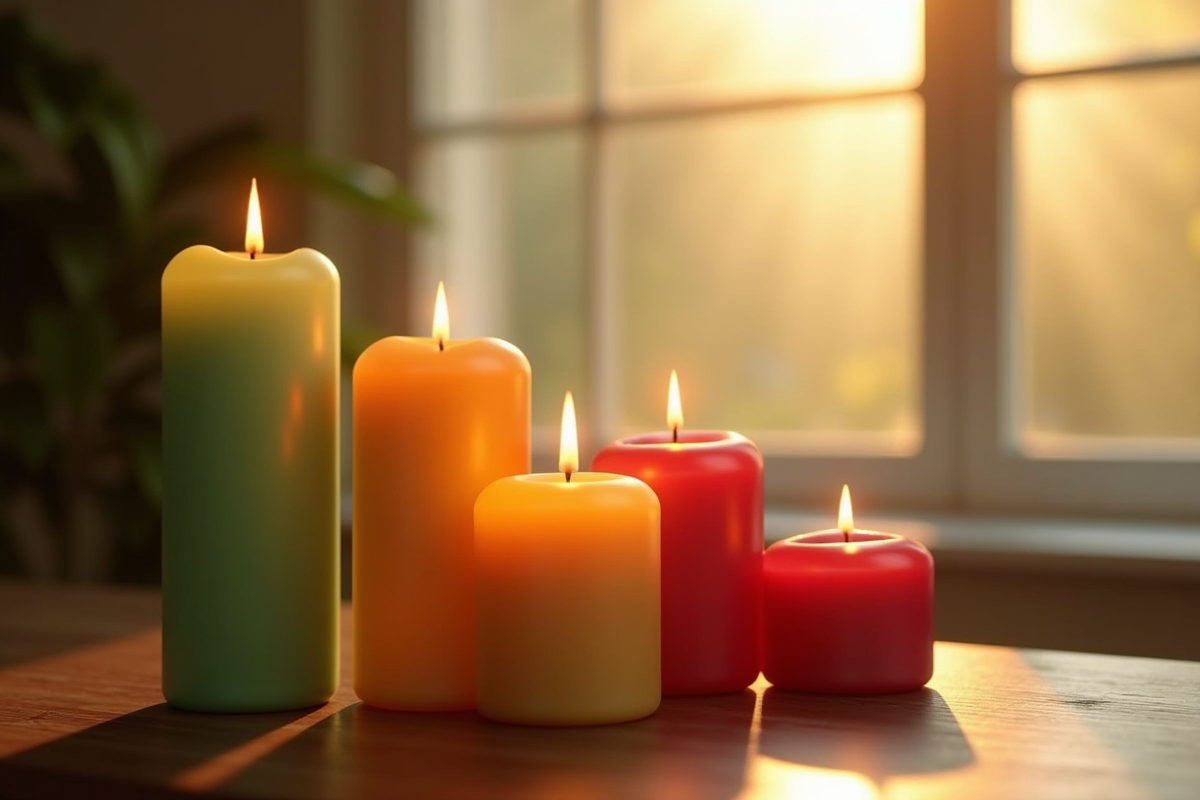 Bougies colorées de chance sur une table en bois