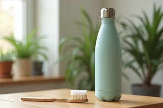 Bouteille en inox et brosse en bambou sur une table en bois