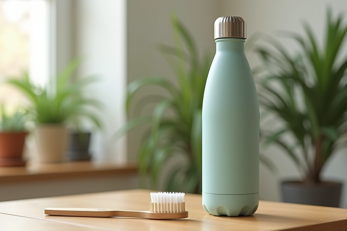 Bouteille en inox et brosse en bambou sur une table en bois