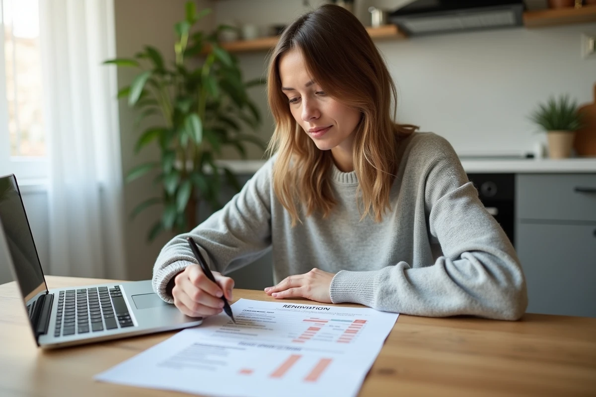 Femme planifiant son budget de rénovation immobilière avec documents et ordinateur portable à la maison