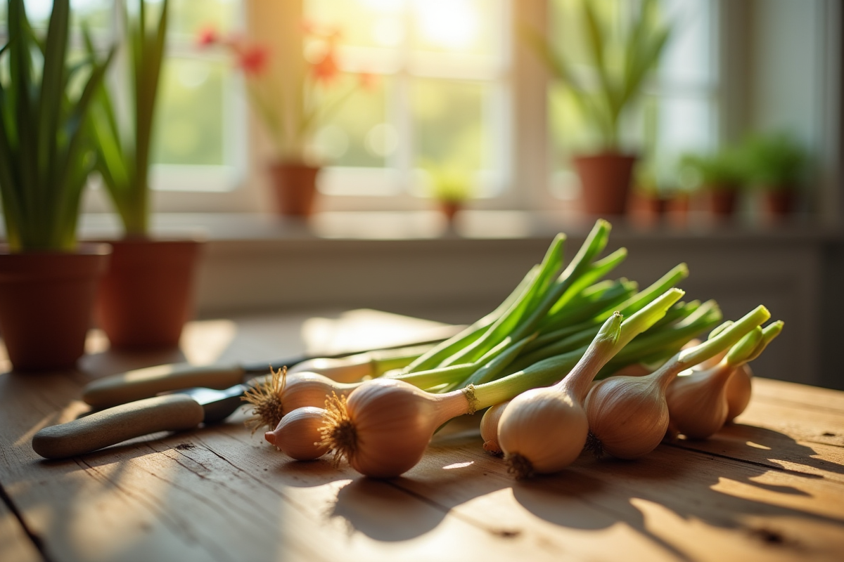 Gros plan sur des bulbes de lys sur une table en bois avec outils de jardinage