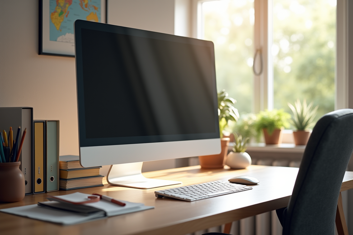 Bureau moderne organisé avec grand ecran et dossiers colorés