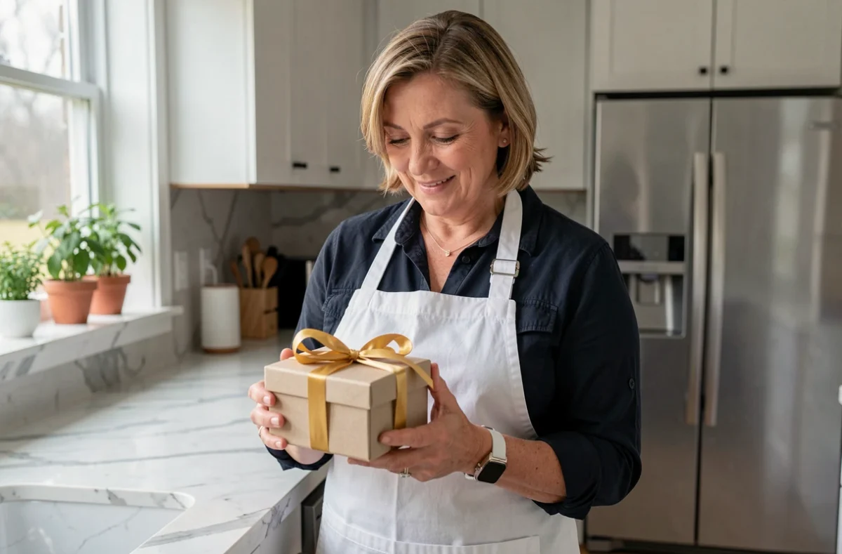 Femme de ménage tenant un cadeau d'étrennes dans une cuisine moderne avec un sourire sincère