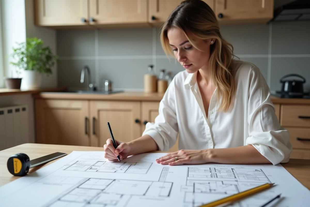 Femme calculant la surface loi Carrez sur des plans d'architecte posés sur une table de cuisine avec un mètre ruban