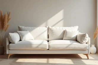 Canapé nuage blanc en bouclé ivoire transformant un salon sombre en espace lumineux avec parquet chêne et table basse en travertin