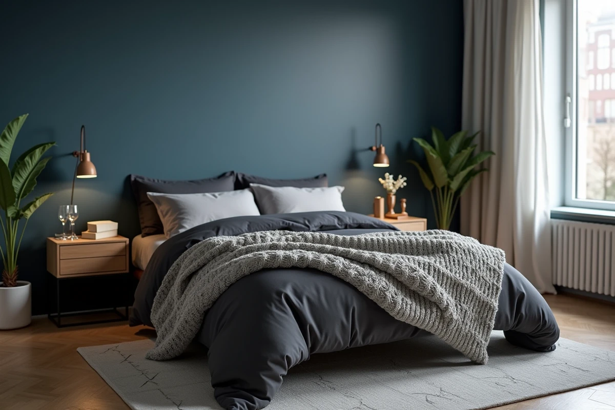 Chambre aux murs bleu canard profond avec literie en lin gris et jeté en maille chunky pour une nuit apaisante