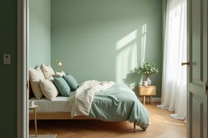 Chambre apaisante aux murs vert sauge avec literie en lin ivoire et plante verte sur table de nuit pour une atmosphère zen