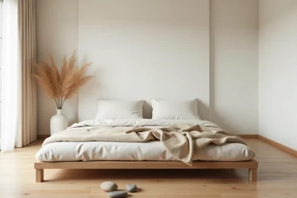 Chambre minimaliste japonaise avec futon bas sur parquet en chêne, literie en lin froissé et décoration wabi-sabi épurée
