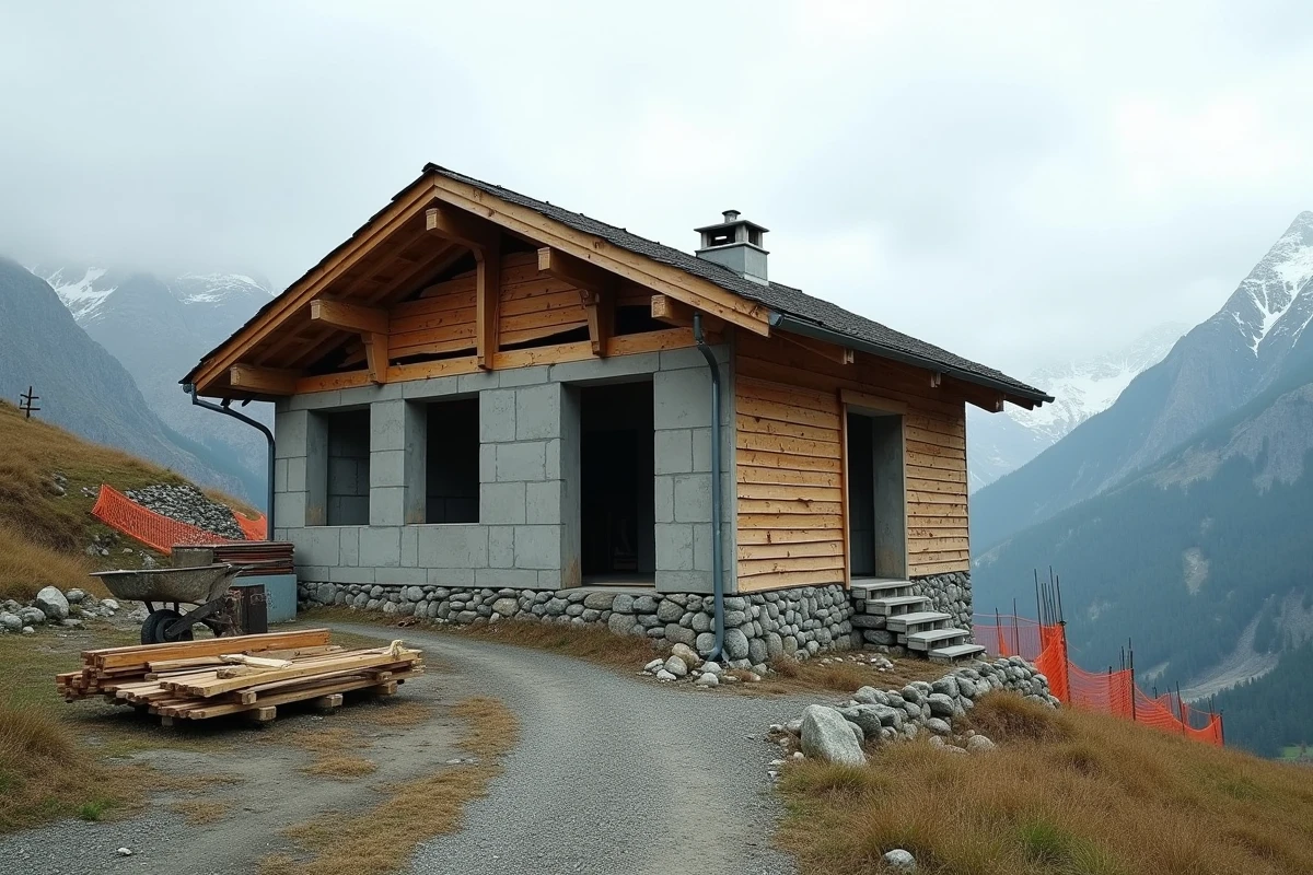 Chantier de construction de chalet en montagne avec fondations en béton et charpente en bois brut sur terrain en pente