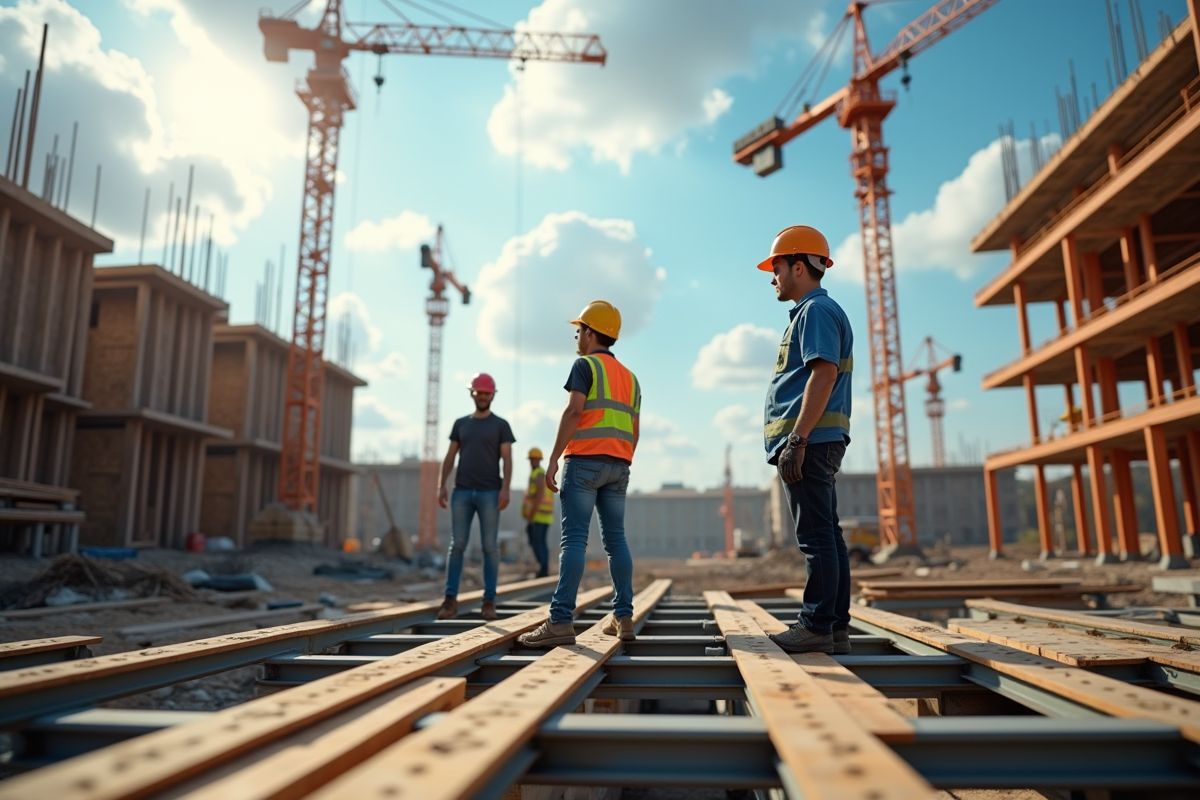 Chantier de construction avec ouvriers et gruttes montrant la hausse des prix