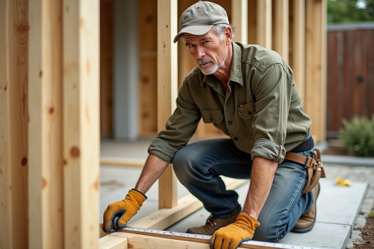 Charpentier mesurant un madrier ou bastaing sur la structure d'une terrasse en bois en construction dans un jardin