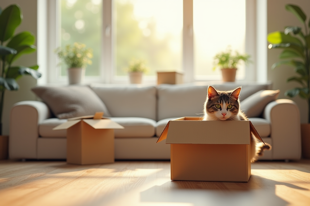 Chat curieux explorant des cartons dans un salon lumineux