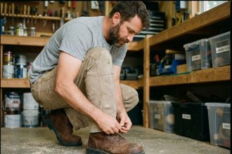 Homme bricoleur lacant des chaussures de sécurité à embout acier dans un atelier fait maison bien équipé