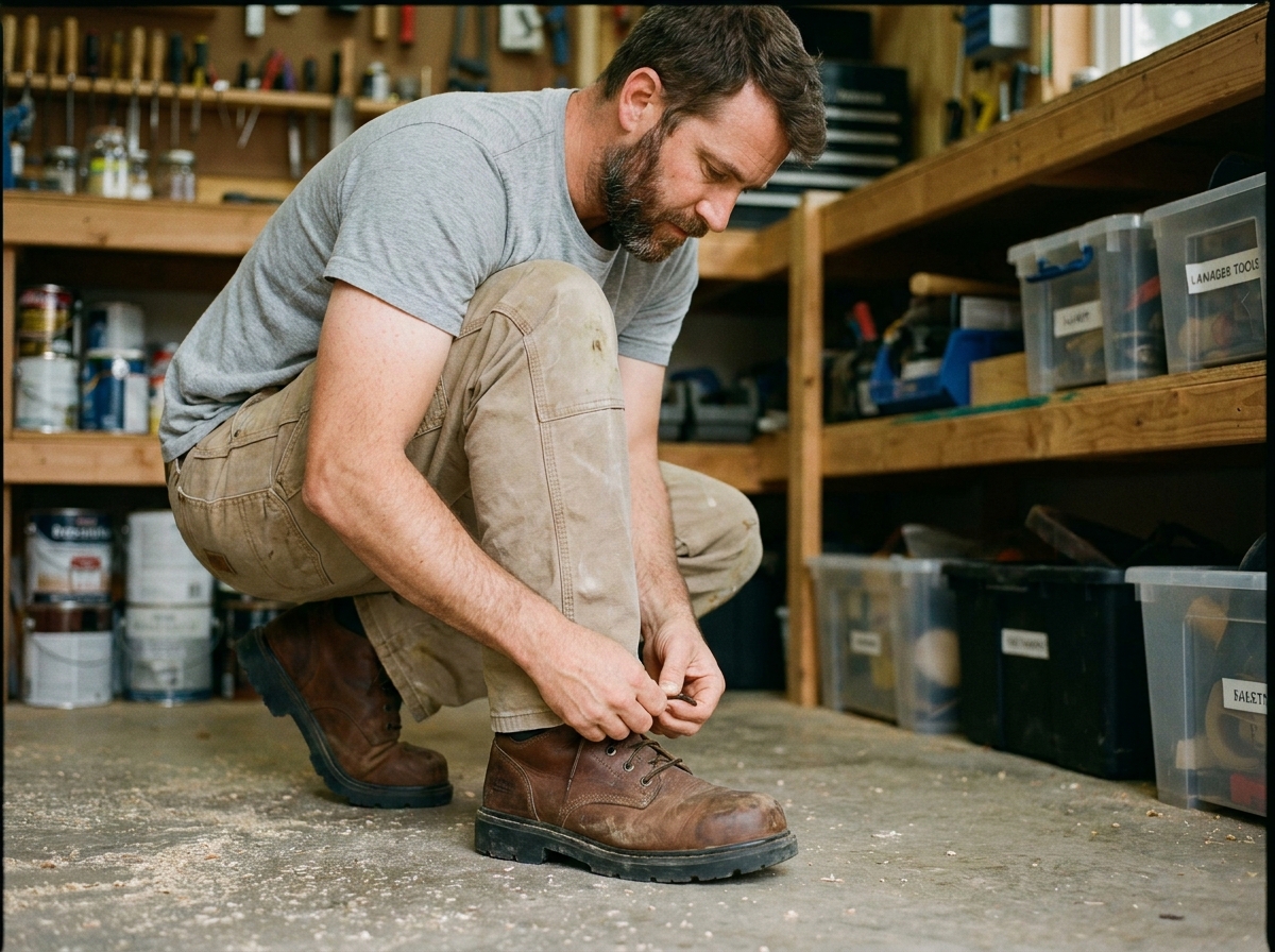 Homme bricoleur lacant des chaussures de sécurité à embout acier dans un atelier fait maison bien équipé