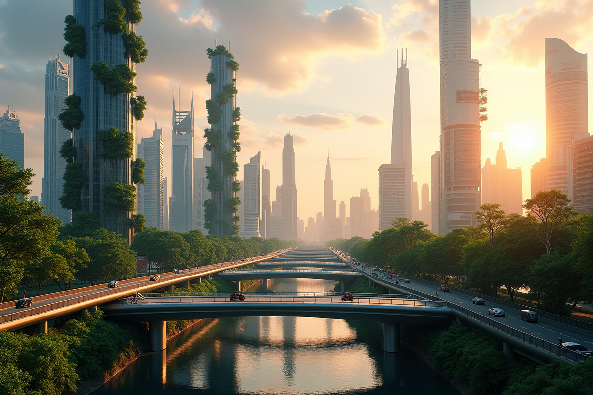 Ciel de ville futuriste au lever du soleil avec gratte-ciel verts
