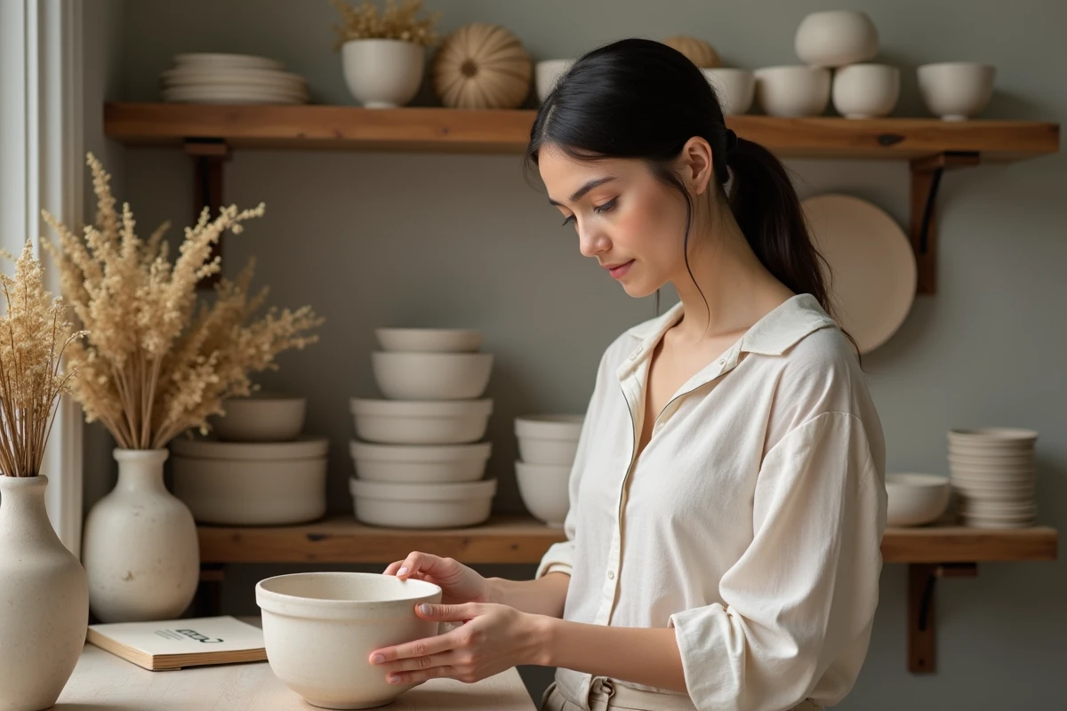 Cliente examinant un bol en céramique artisanale dans une boutique de décoration responsable à Paris