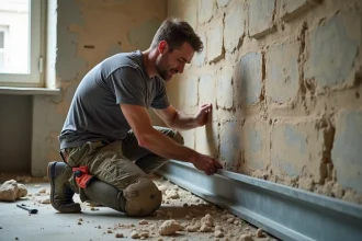 Ouvrier posant une ossature métallique de cloison demi-stil contre un vieux mur en pierre dans un appartement en rénovation